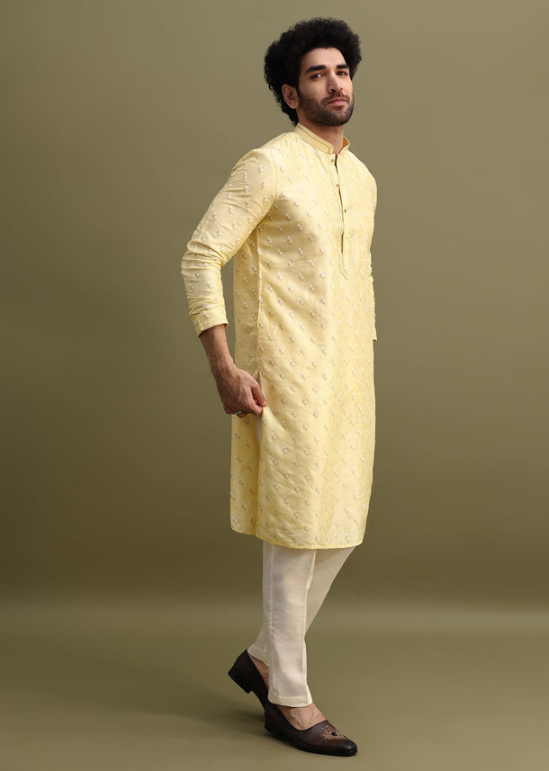 Yellow Men Kurta Set With Threadwork