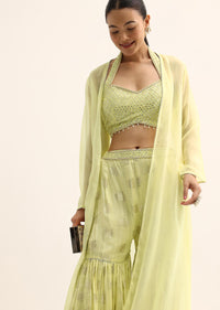 Yellow Mirror Crop Top With Jacket And Sharara