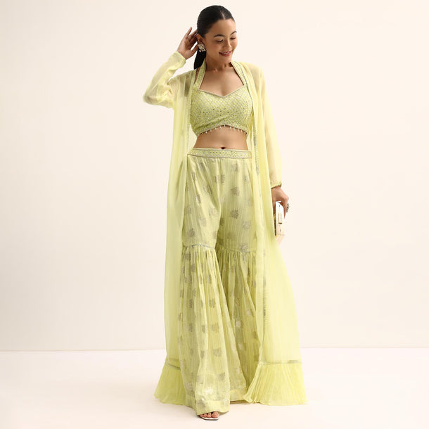 Yellow Mirror Crop Top With Jacket And Sharara