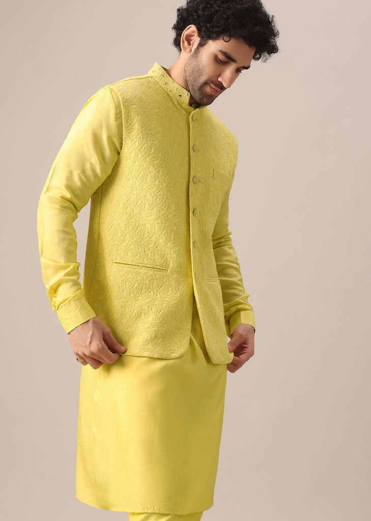 Yellow Mirror Work Jacket And Kurta Set