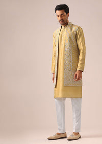 Yellow Mirror Work Long Jacket And Kurta Set