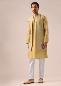 Yellow Mirror Work Long Jacket And Kurta Set