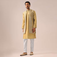 Yellow Mirror Work Long Jacket And Kurta Set