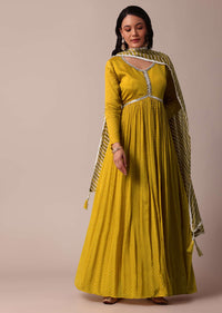 Yellow Mirror Work Printed Anarkali With Dupatta