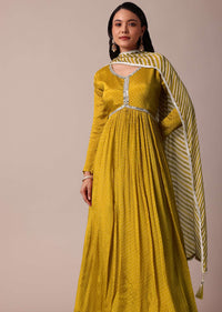 Yellow Mirror Work Printed Anarkali With Dupatta