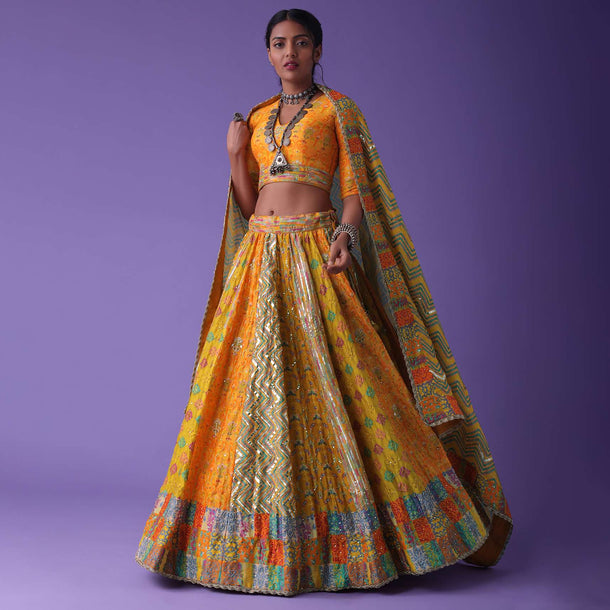 Cyber Yellow Multicoloured Printed Panel Lehenga With Embroidery In Silk