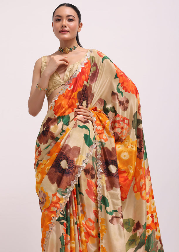Yellow Muslin Floral Printed Saree With Mirror Work And Unstitched Blouse