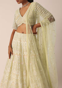 Yellow Net Embroidered Blouse And Skirt Set