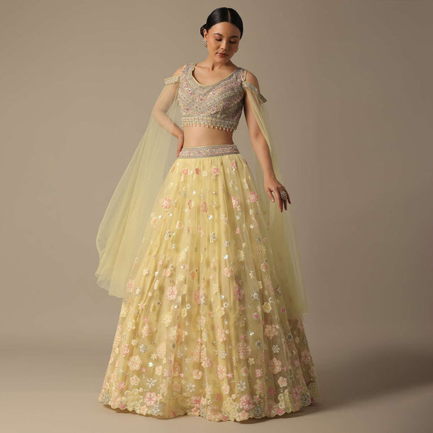 Yellow Net Lehenga Set With 3D Florals