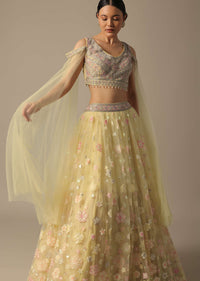 Yellow Net Lehenga Set With 3D Florals