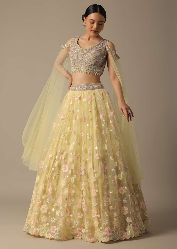 Yellow Net Lehenga Set With 3D Florals