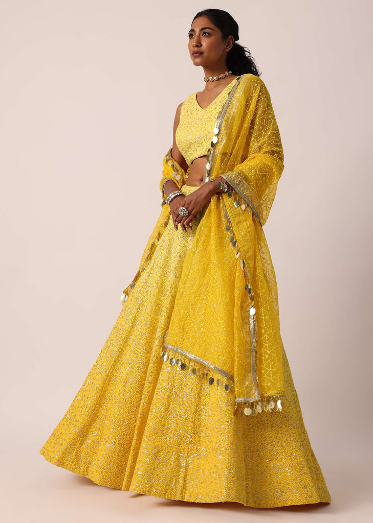 Yellow Net Lehenga Set With Lucknowi Work