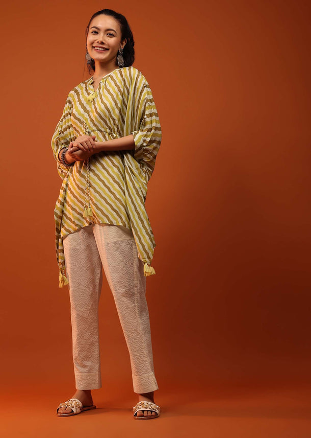 Yellow & Ochre Kaftan With Chevron Print And Mirror Work