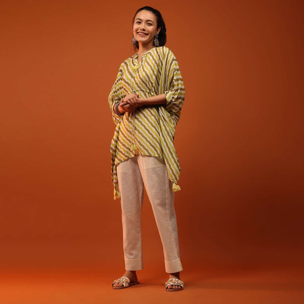 Yellow & Ochre Kaftan With Chevron Print And Mirror Work