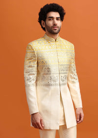 Yellow Ombre Indowestern Set With Foil Applique For Men