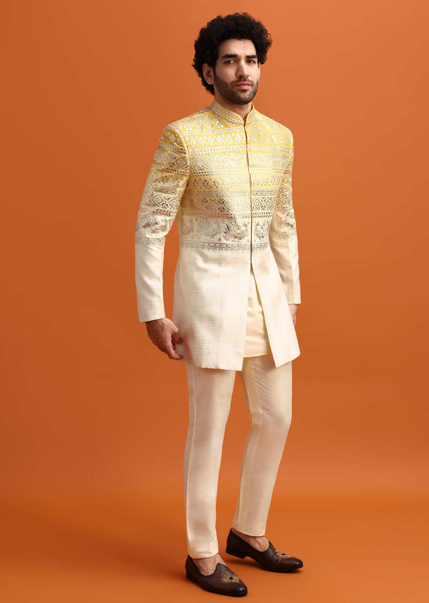 Yellow Ombre Indowestern Set With Foil Applique For Men