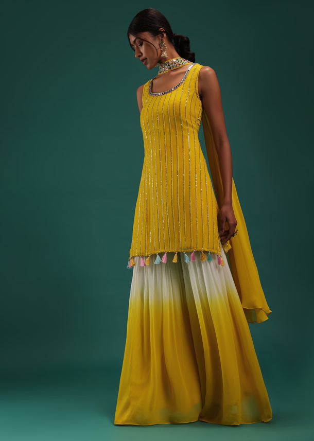 Yellow Ombre Kurti And Sharara Set In Georgette With Sequins Work