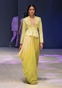 Yellow Ombre Organza Blouse And Palazzo With Jacket