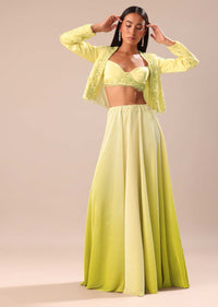 Yellow Ombre Organza Blouse And Palazzo With Jacket