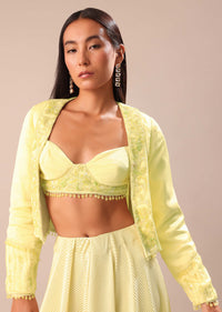 Yellow Ombre Organza Blouse And Palazzo With Jacket