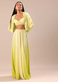 Yellow Ombre Organza Blouse And Palazzo With Jacket