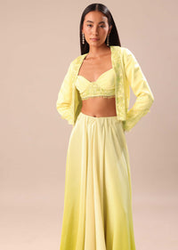 Yellow Ombre Organza Blouse And Palazzo With Jacket