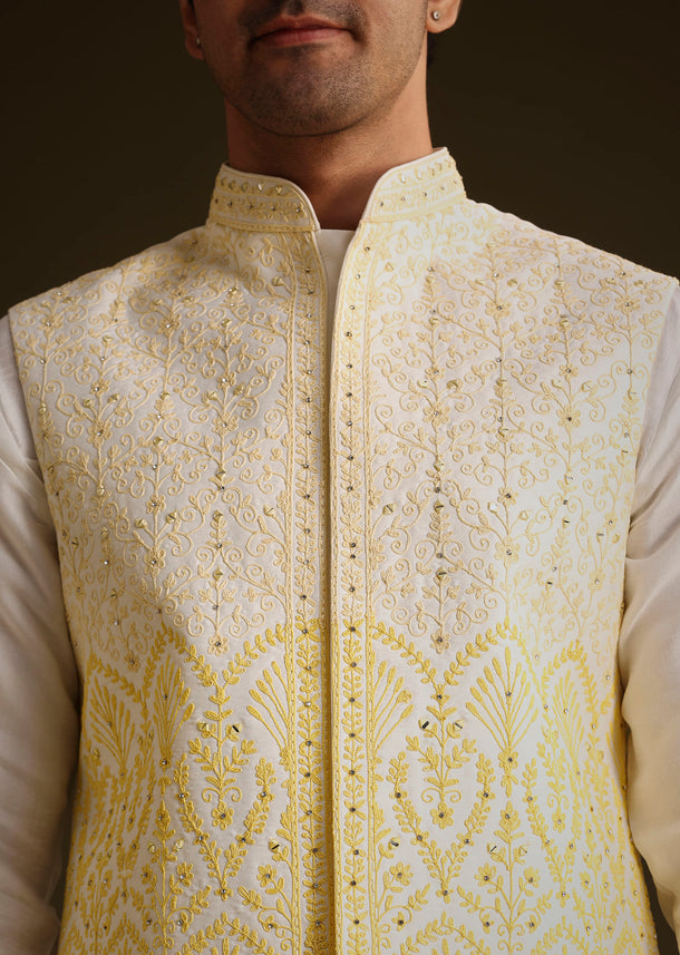 Yellow Ombre Silk Kurta Set With Dori Work Embroidered Jacket