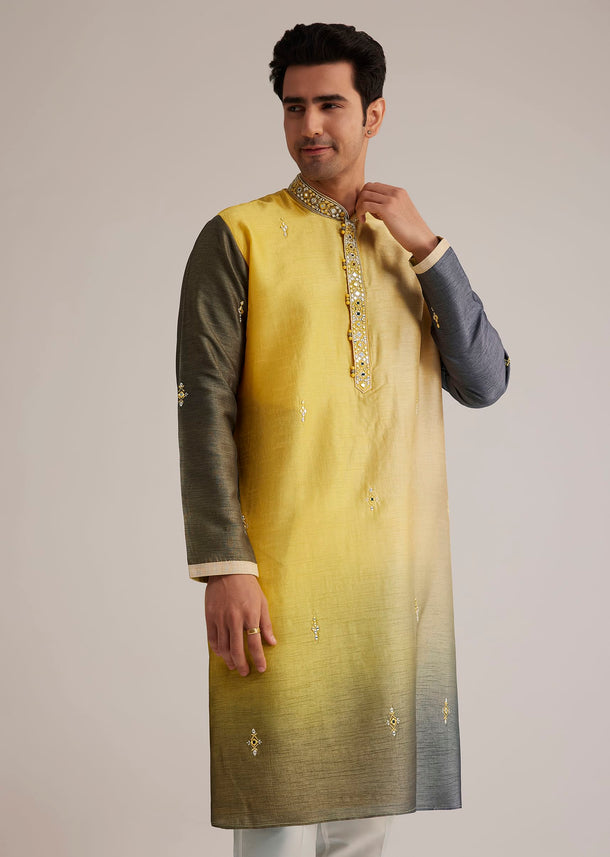 Yellow Ombre Silk Kurta Set With Mirror Work