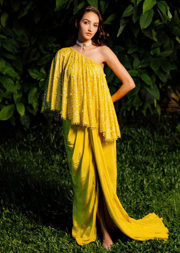 Yellow One Shoulder Draped Skirt Set