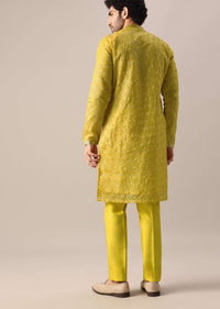 Yellow Organza Embroidered Kurta And Dola Silk Pant Set