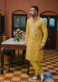 Yellow Organza Embroidered Kurta And Dola Silk Pant Set