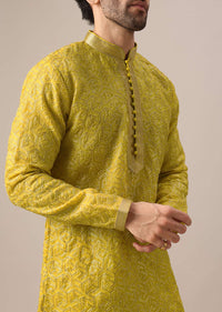 Yellow Organza Embroidered Kurta And Dola Silk Pant Set