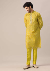 Yellow Organza Embroidered Kurta And Dola Silk Pant Set