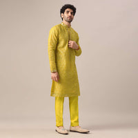 Yellow Organza Embroidered Kurta And Dola Silk Pant Set