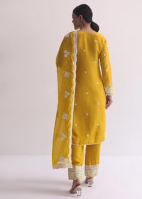 Yellow Organza Resham Threadwork Embroiderd Kurti Pant Set