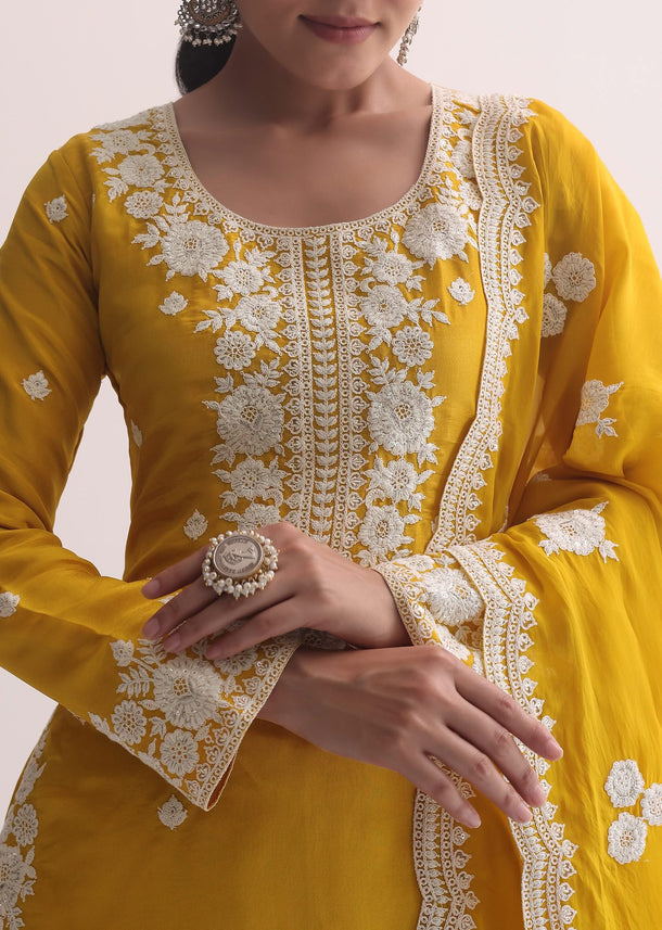 Yellow Organza Resham Threadwork Embroiderd Kurti Pant Set