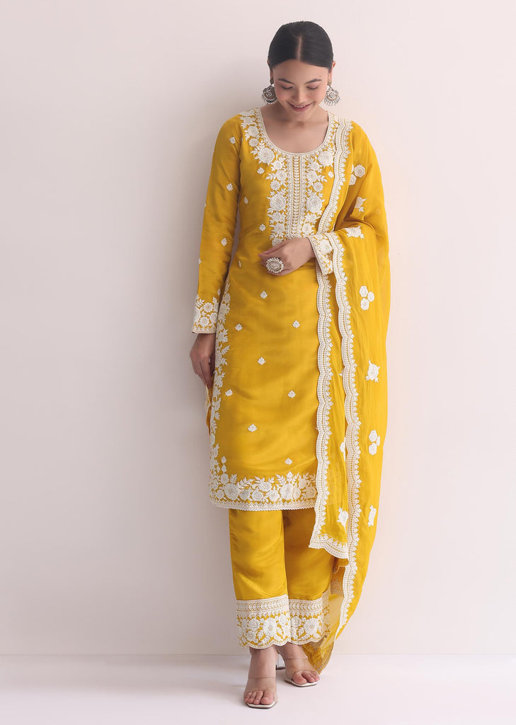 Yellow Organza Resham Threadwork Embroiderd Kurti Pant Set