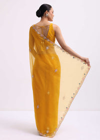 Yellow Organza Saree In 3D Sequins With Unstitched Blouse