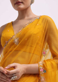 Yellow Organza Saree In 3D Sequins With Unstitched Blouse