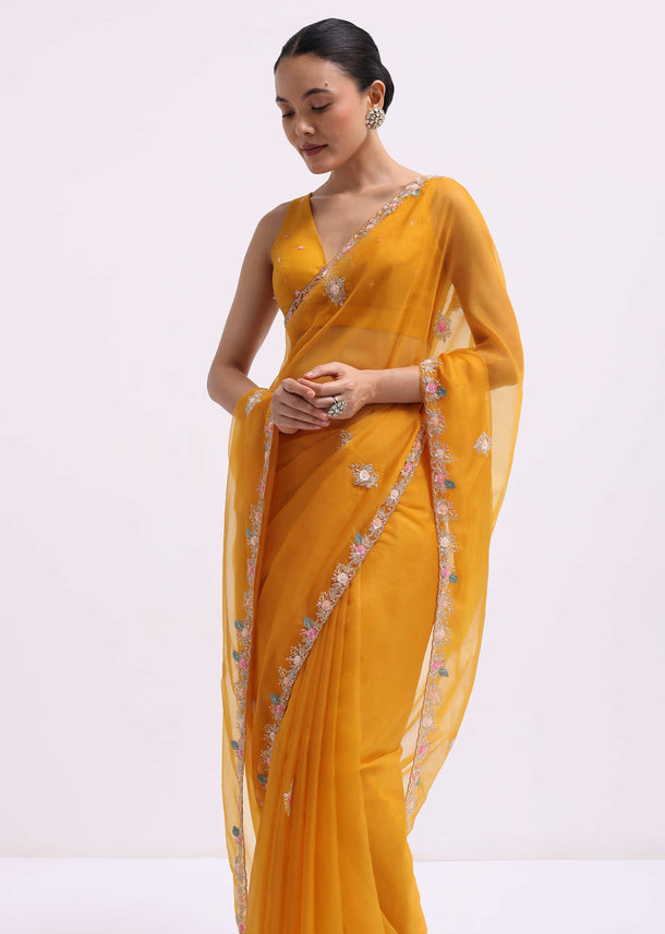 Yellow Organza Saree In 3D Sequins With Unstitched Blouse