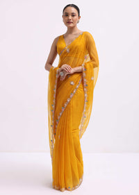 Yellow Organza Saree In 3D Sequins With Unstitched Blouse