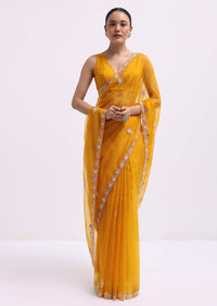 Yellow Organza Saree In 3D Sequins With Unstitched Blouse
