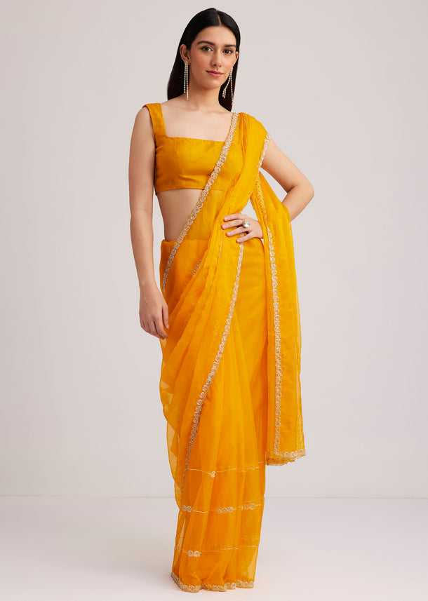 Yellow Organza Saree With Cutdana Embroidery