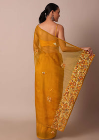 Yellow Organza Saree With Intricate 3D Floral Buttis Work