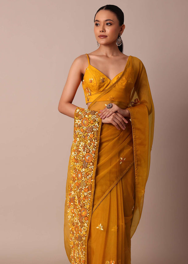 Yellow Organza Saree With Intricate 3D Floral Buttis Work