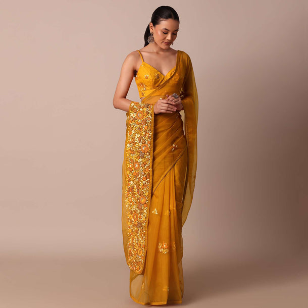 Yellow Organza Saree With Intricate 3D Floral Buttis Work