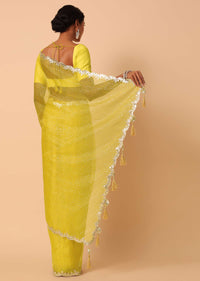 Yellow Organza Saree With Polka Dot Foil Printed Saree With Unstitched Blouse Piece