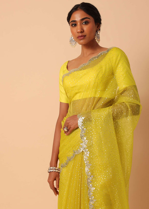 Yellow Organza Saree With Polka Dot Foil Printed Saree With Unstitched Blouse Piece