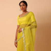 Yellow Organza Saree With Polka Dot Foil Printed Saree With Unstitched Blouse Piece