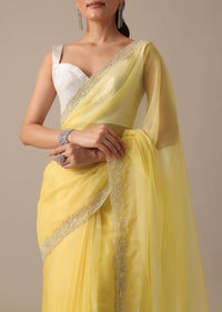 Yellow Organza Saree With Scallop Border And Unstitched Blouse Piece